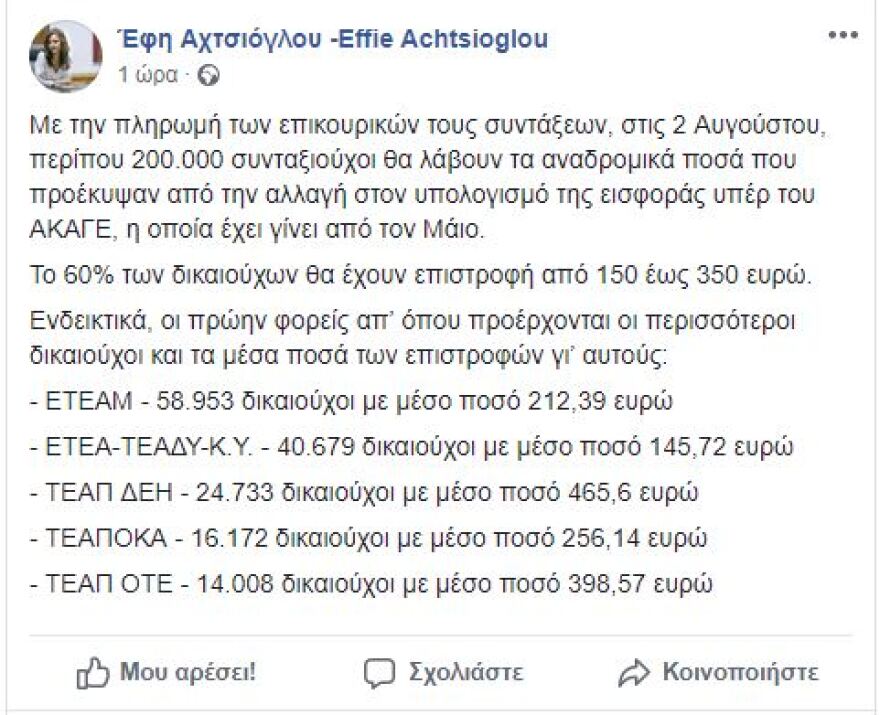 Αχτσιόγλου: Αναδρομικά σε 200.000 συνταξιούχους