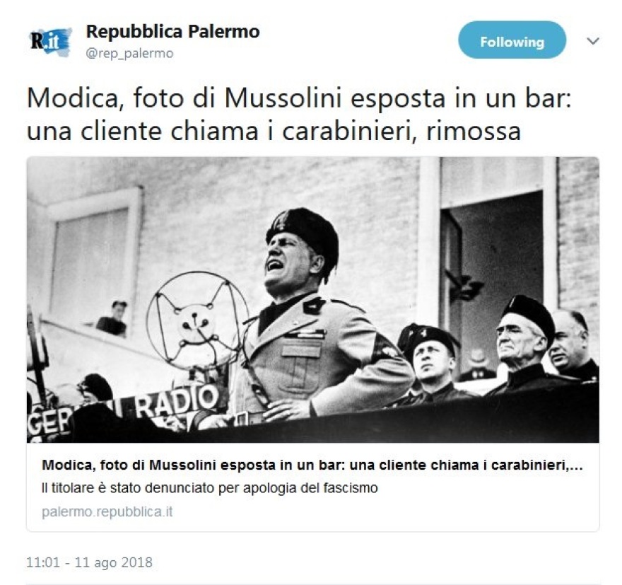Ιταλία: Πελάτισσα σε μπαρ κάλεσε τους καραμπινιέρους για να κατεβάσουν φωτογραφία του Μουσολίνι 