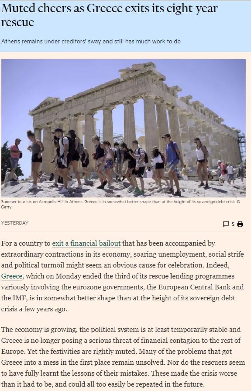 Financial Times: Υπερβολή να μιλά κανείς για «αποφοίτηση» της Ελλάδας από τα Μνημόνια