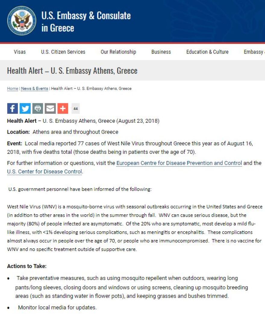 Ιός Δυτικού Νείλου: Υγειονομικός συναγερμός από την αμερικανική πρεσβεία μετά τους 11 νεκρούς στην Ελλάδα