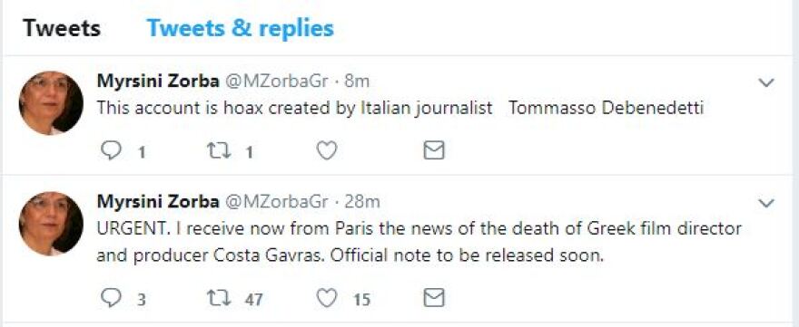  Χάκαραν τον λογαριασμό στο twitter της Μυρσίνης Ζορμπά και ανακοίνωσαν τον θάνατο του Κώστα Γαβρά 