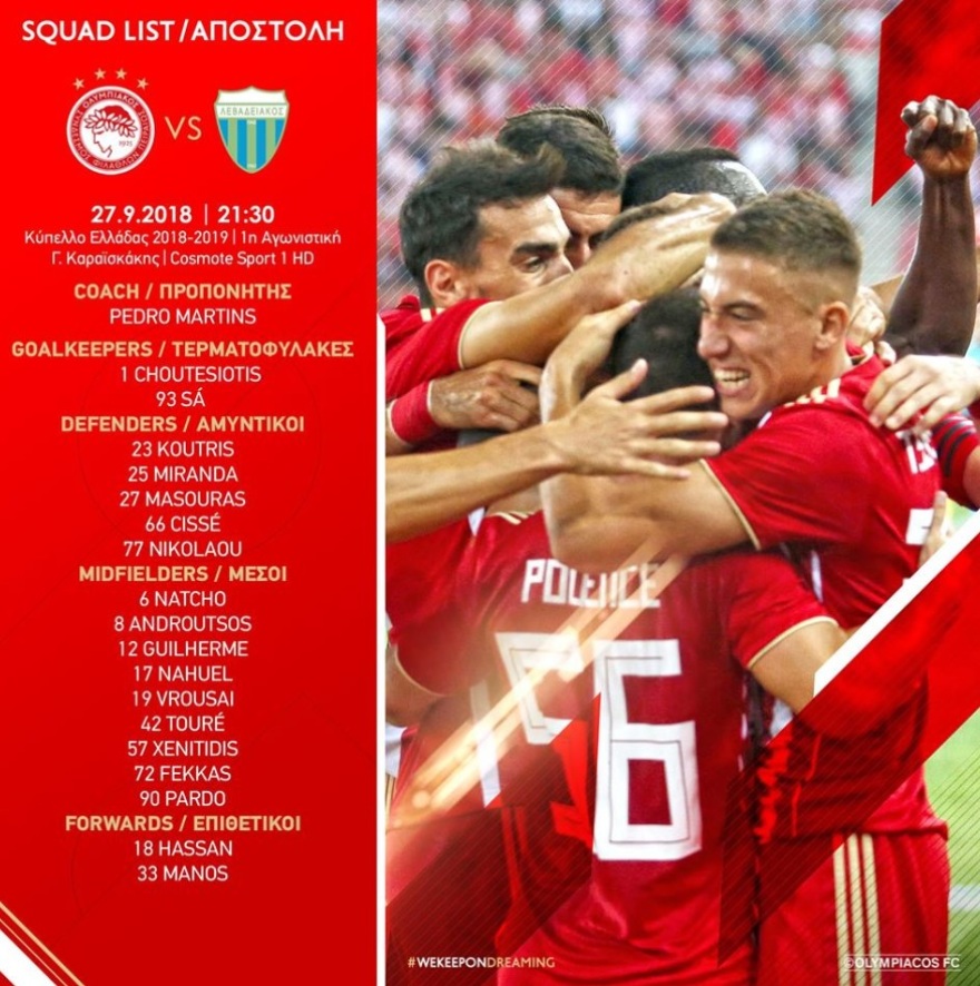 Με Τουρέ, Ναουέλ ο Ολυμπιακός κόντρα στον Λεβαδειακό