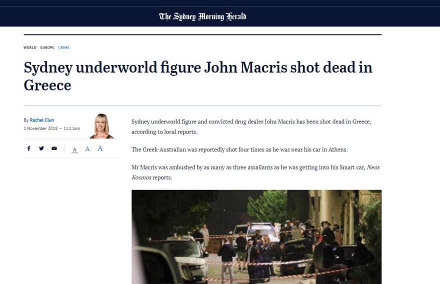 Πρωτοσέλιδο στην Αυστραλία η δολοφονία Μακρή: Το «σκοτεινό»  παρελθόν του «Αυστραλού», τα ναρκωτικά και η βεντέτα