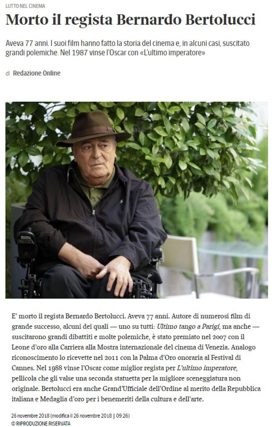 Πέθανε ο σπουδαίος σκηνοθέτης Μπερνάρντο Μπερτολούτσι