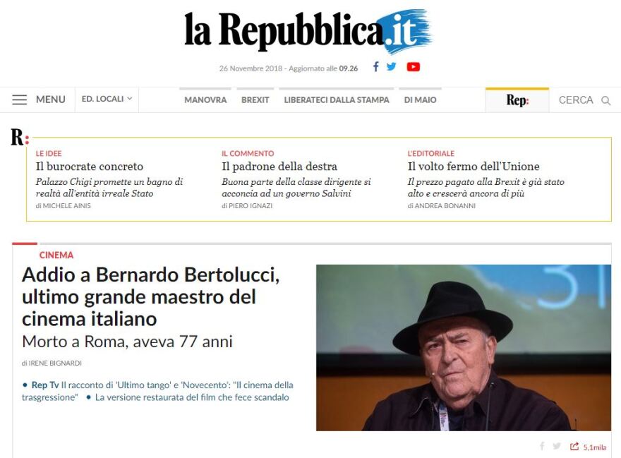 Πέθανε ο σπουδαίος σκηνοθέτης Μπερνάρντο Μπερτολούτσι