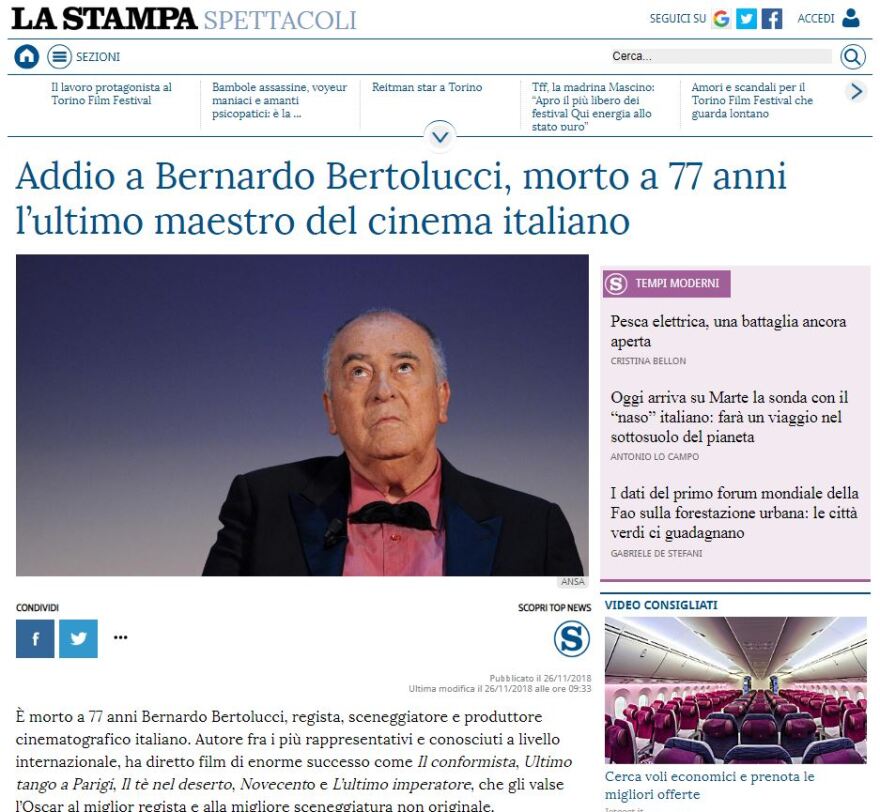 Πέθανε ο σπουδαίος σκηνοθέτης Μπερνάρντο Μπερτολούτσι