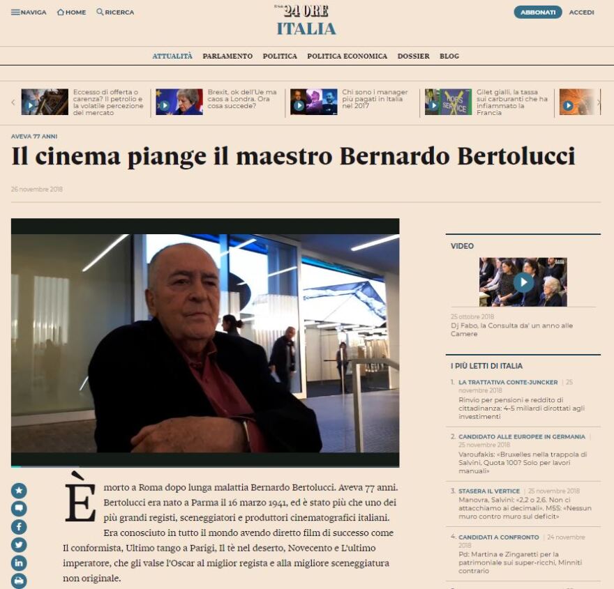 Πέθανε ο σπουδαίος σκηνοθέτης Μπερνάρντο Μπερτολούτσι