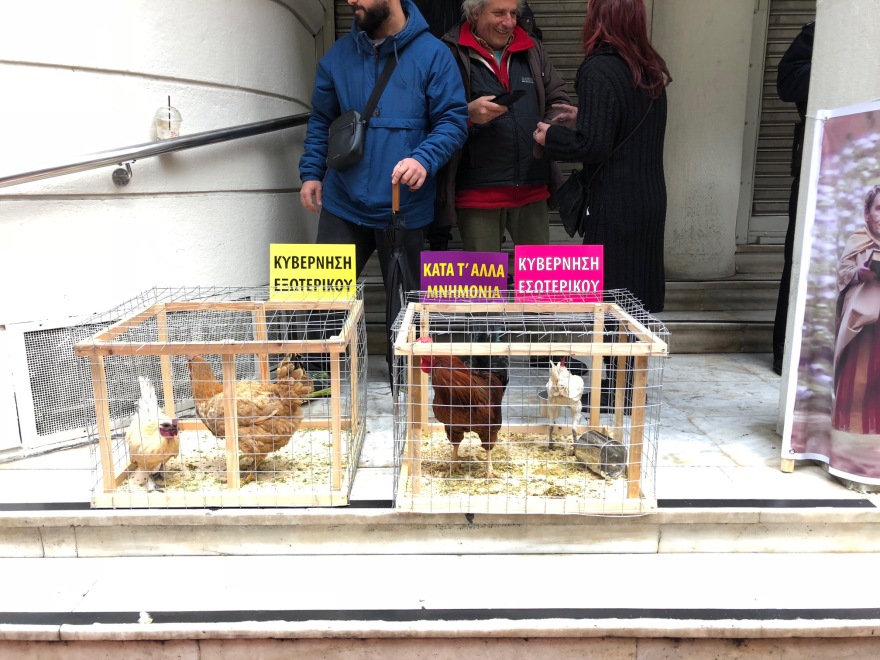 Γιατροί και νοσηλευτές διαμαρτυρήθηκαν με κόκορες και κότες έξω από το υπουργείο Υγείας