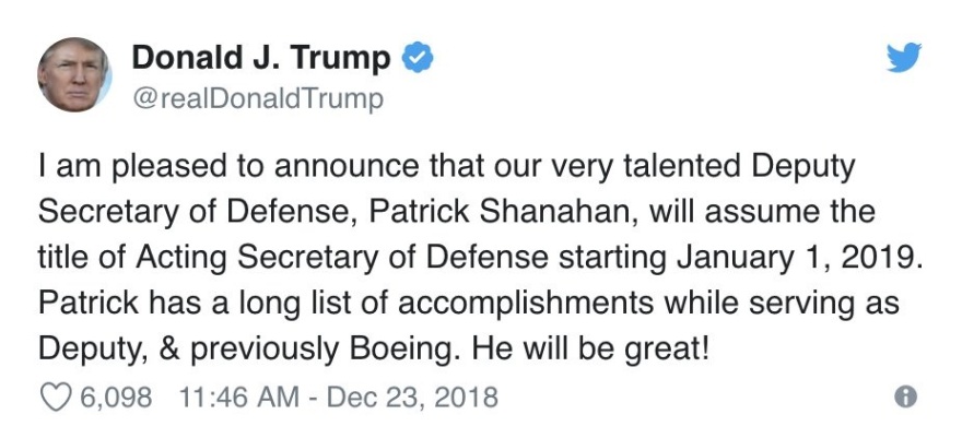 Τραμπ: Ο Πάτρικ Σάναχαν θα αντικαταστήσει τον Μάτις στο Πεντάγωνο