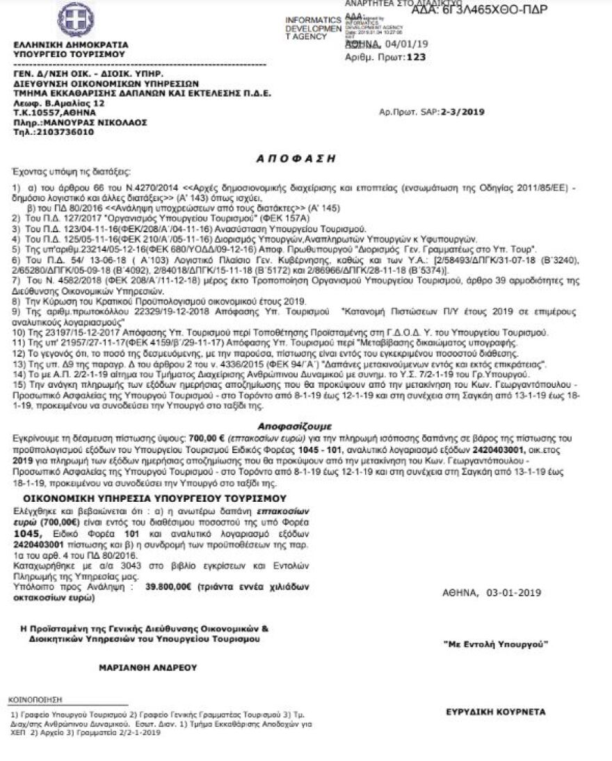 30.000 ευρώ κόστισαν τα ταξίδια της Κουντουρά σε Τορόντο και Σαγκάη