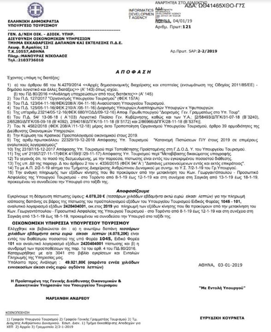 30.000 ευρώ κόστισαν τα ταξίδια της Κουντουρά σε Τορόντο και Σαγκάη