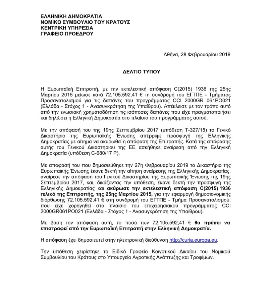 Δικαιώθηκε η Ελλάδα στο Ευρωπαϊκό Δικαστήριο – Επιστρέφονται 72 εκατ. ευρώ για αγροτικά προγράμματα 