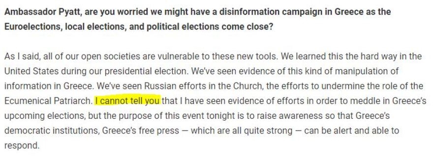 Πάιατ: Δεν είπα τίποτα για ρωσική ανάμειξη στις Ελληνικές εκλογές