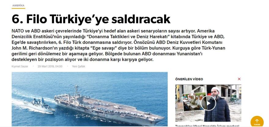 Σενάριο πολέμου Ελλάδας - Τουρκίας με παρέμβαση των ΗΠΑ «βλέπει» η Yeni Safak
