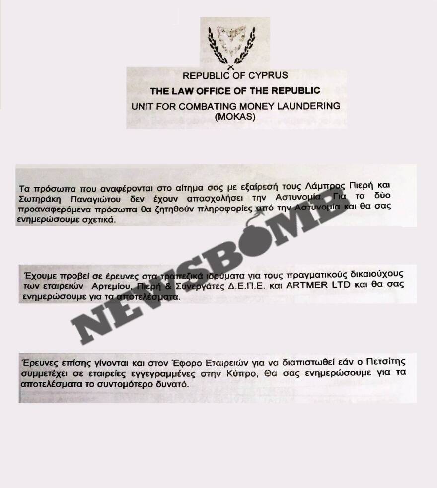 Ντοκουμέντο: Άνοιξαν οι λογαριασμοί Πετσίτη-Αρτεμίου στην Κύπρο