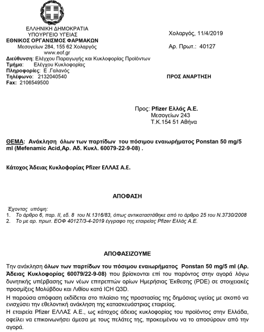 O EOΦ ανακαλεί όλες τις παρτίδες του Ponstan των 50 mg/5 ml