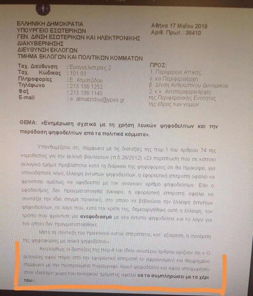 Υπουργείο Εσωτερικών: Να χρησιμοποιηθούν λευκά όπου δεν υπάρχουν ψηφοδέλτια των κομμάτων 