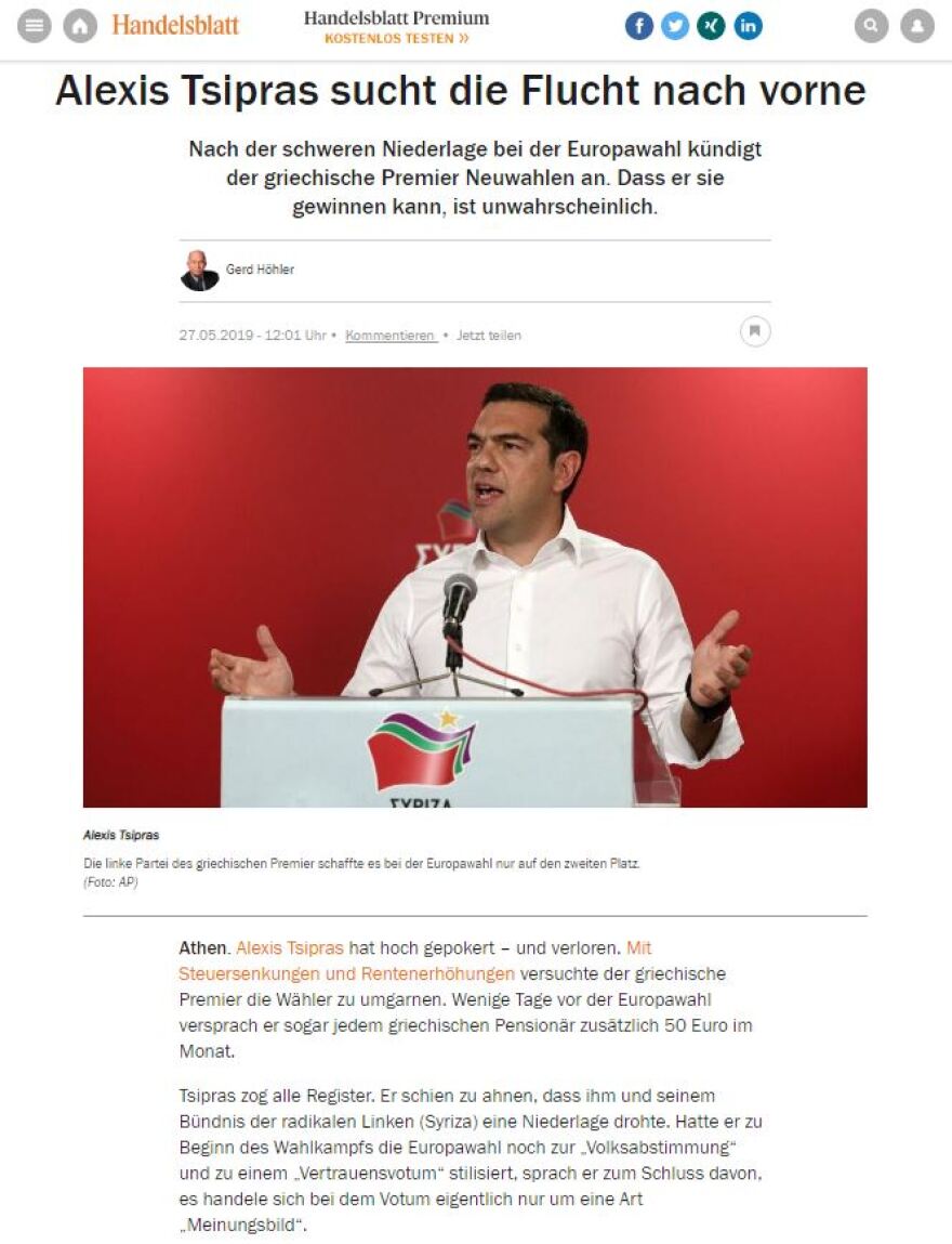 Handelsblatt: Ο Τσίπρας ψάχνει διέξοδο μετά τη βαριά ήττα - Απίθανο να κερδίσει τις πρόωρες εκλογές