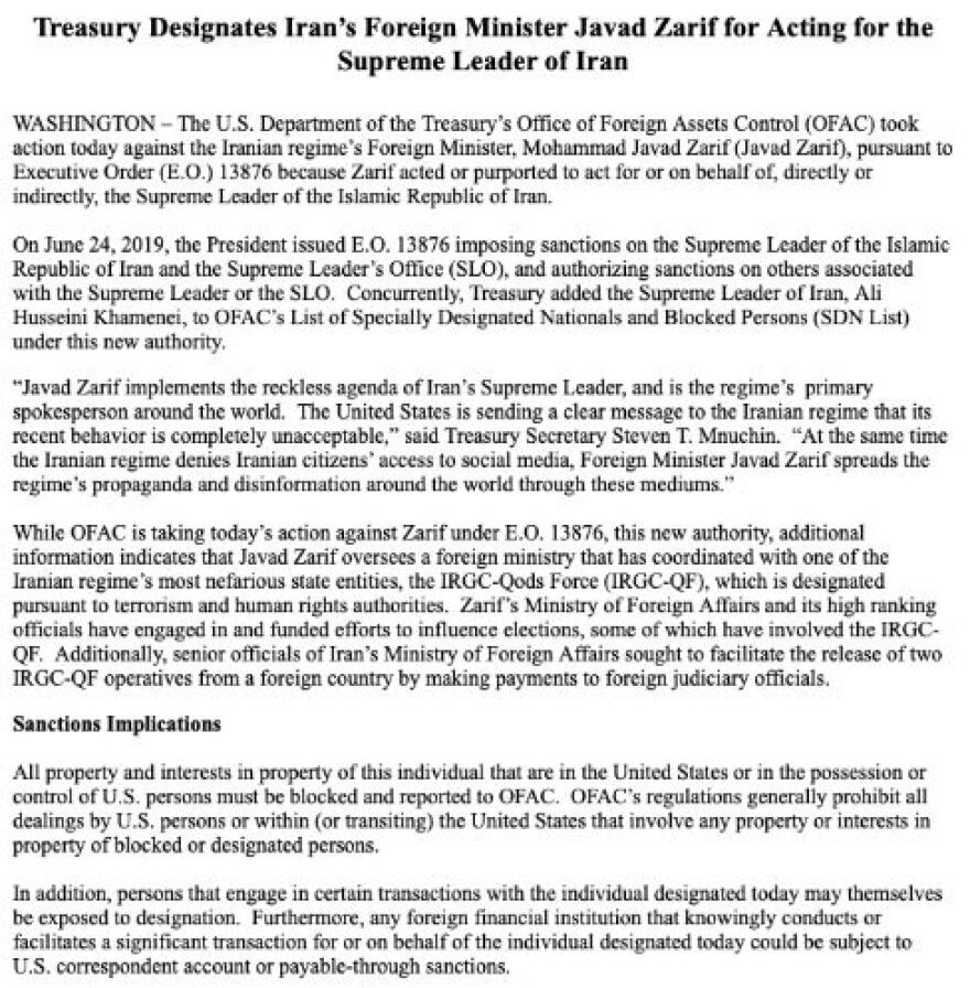 Η Ουάσινγκτον επέβαλε κυρώσεις στον ΥΠΕΞ του Ιράν