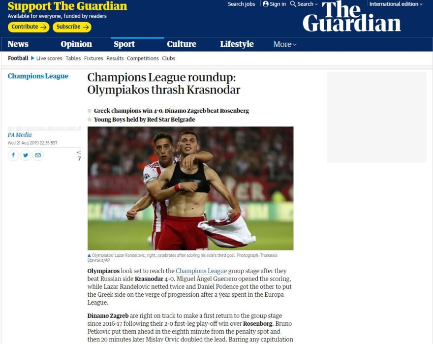 UEFA και διεθνή ΜΜΕ αποθεώνουν τον Ολυμπιακό: Κυρίαρχος κόντρα στην Κράσνονταρ