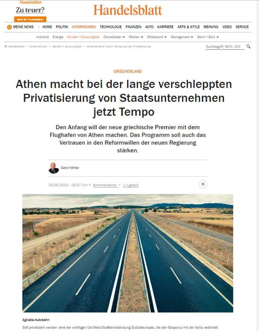 Τις ιδιωτικοποιήσεις που καθυστερούσαν επιταχύνει η Ελλάδα, γράφει η  Handelsblatt 