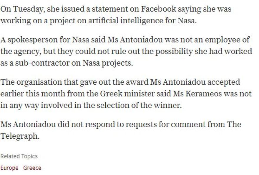 Telegraph για την Ελένη Αντωνιάδου: Δεν εργάστηκε ποτέ στη NASA