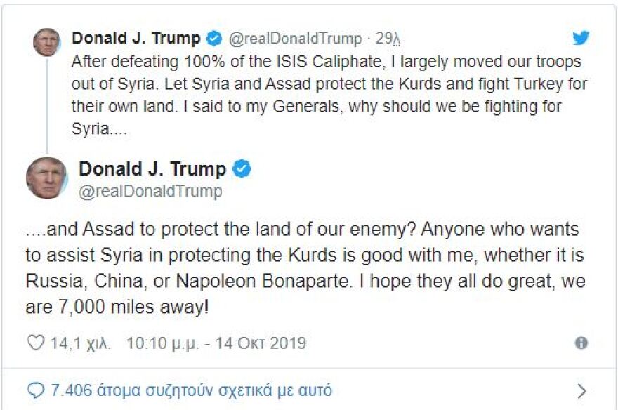 Αψυχολόγητος Τραμπ: Ας προστατεύσει τους Κούρδους κι ο Ναπολέων - Εμείς είμαστε 7.000 μίλια μακριά