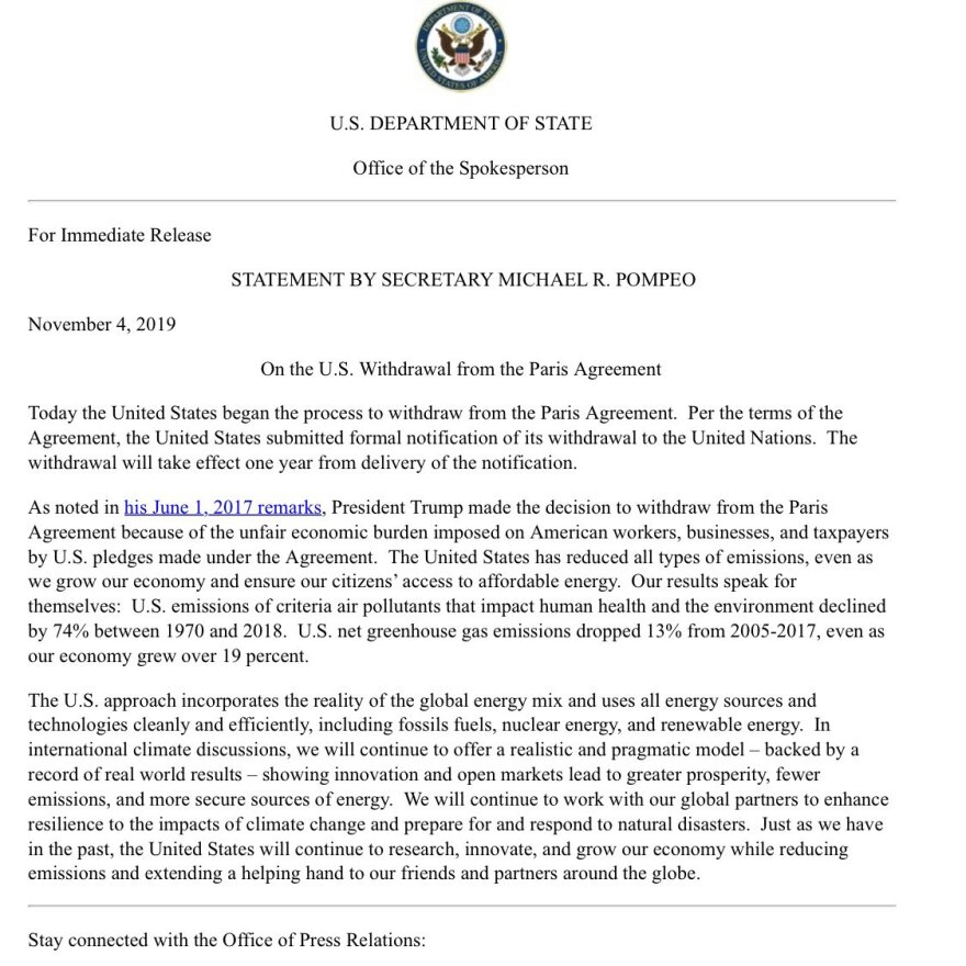 ΟΗΕ: Η Ουάσινγκτον αποχωρεί επισήμως από τη Συμφωνία του Παρισιού για το κλίμα