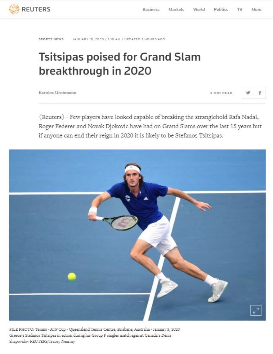 Το Reuters αποθεώνει Τσιτσιπά: Αυτός θα βάλει τέλος στη βασιλεία Ναδάλ, Φέντερερ και Τζόκοβιτς