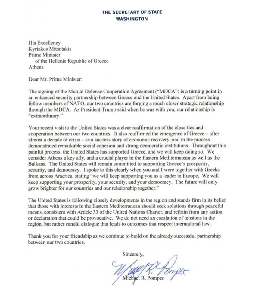 Επιστολή Πομπέο στον Μητσοτάκη: Στηρίζουμε την ασφάλεια της Ελλάδας - Δείτε το έγγραφο 
