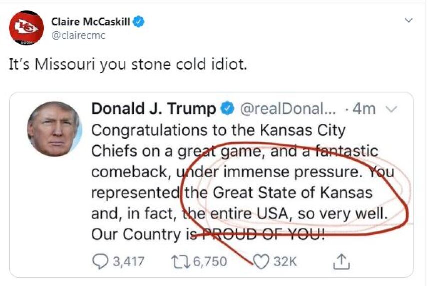 Ο Τραμπ συνεχάρη λάθος... πολιτεία για την νίκη των Kansas City Chiefs στο Super Bowl!