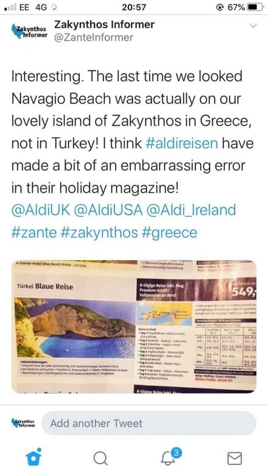 Επιστολή διαμαρτυρίας από τον βουλευτή Ζακύνθου στην Aldi: «Η παραλία Ναυάγιο δεν βρίσκεται στην Τουρκία»