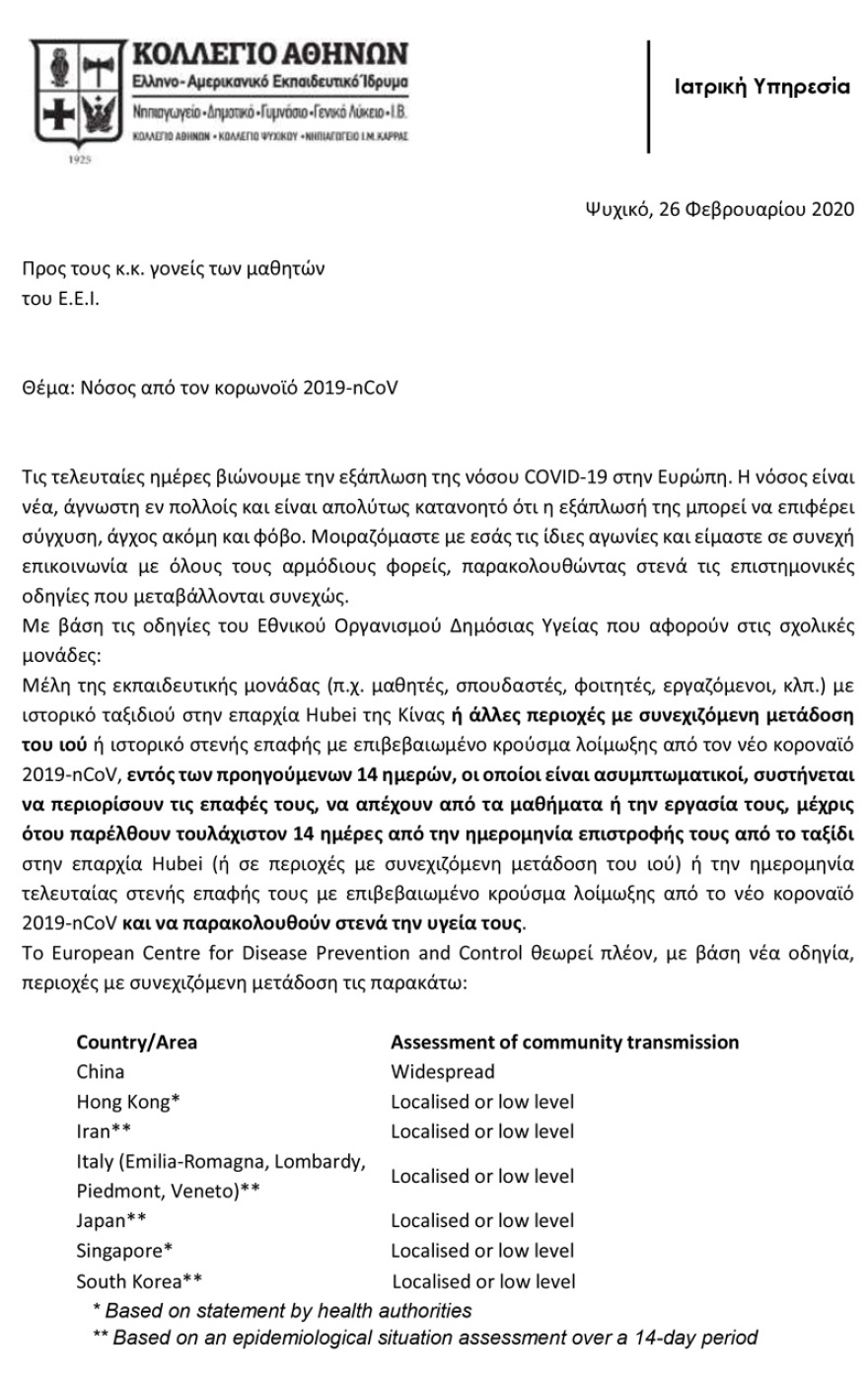 Κορωνοϊός: Κλειστά αύριο τα Κολλέγια Αθηνών και Ψυχικού 