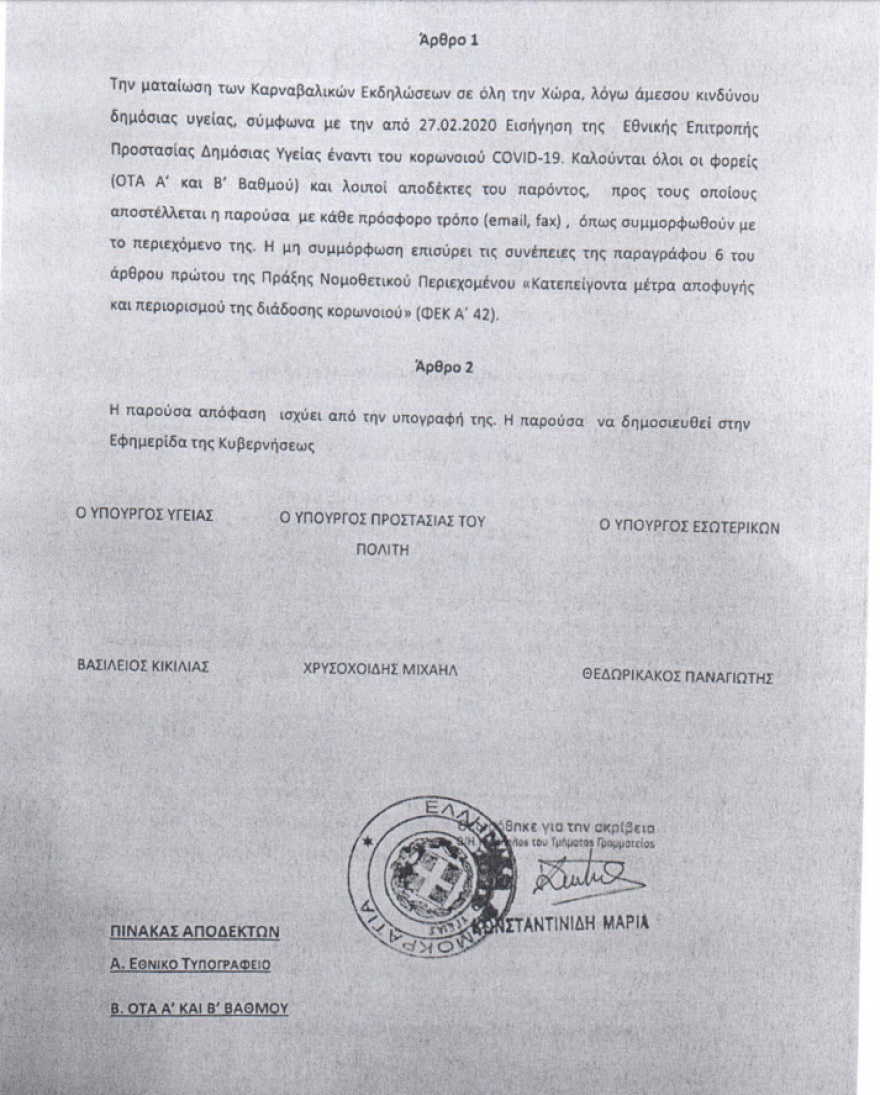 Κορωνοϊός: Η απόφαση για τη ματαίωση των καρναβαλιών - Έως δύο χρόνια φυλακή για τους παραβάτες