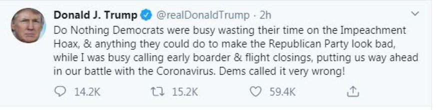 Κορωνοϊός: Ο Τραμπ «συγχαίρει» τον εαυτό του στο Twitter για την αντιμετώπιση της απειλής στις ΗΠΑ