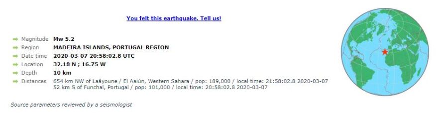 Πορτογαλία: Σεισμός μεγέθους 5,2 βαθμών στα νησιά του Αρχιπελάγους Μαδέρας 