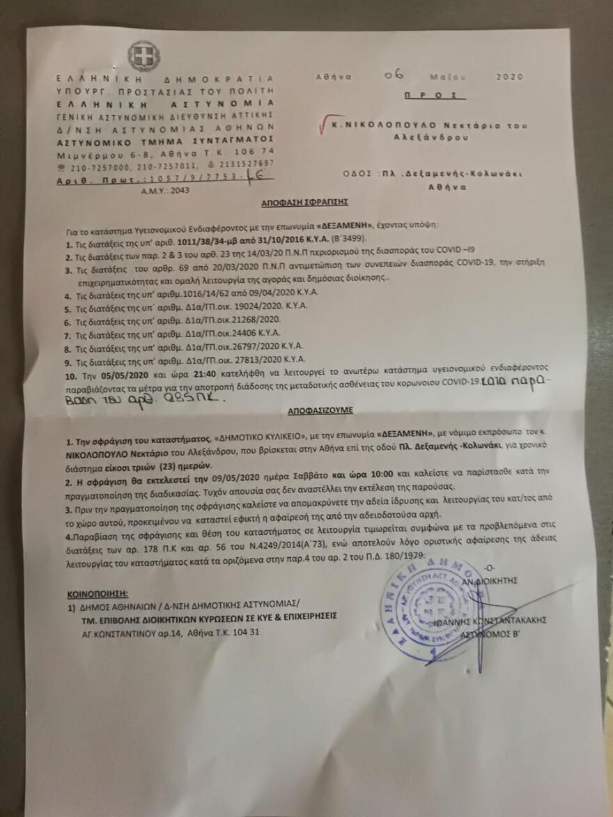 Σφραγίζεται για 23 ημέρες η «Δεξαμενή» στο Κολωνάκι -Πρόστιμο 5.000 ευρώ 