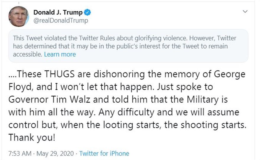 Το Twitter «μπλόκαρε» ανάρτηση του Τραμπ για την υπόθεση Τζορτζ Φλόιντ!