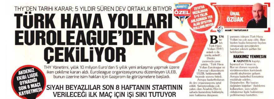 Hurriyet: «Αποσύρεται η Turkish Airlines από την Euroleague, επαφές με Gazprom»