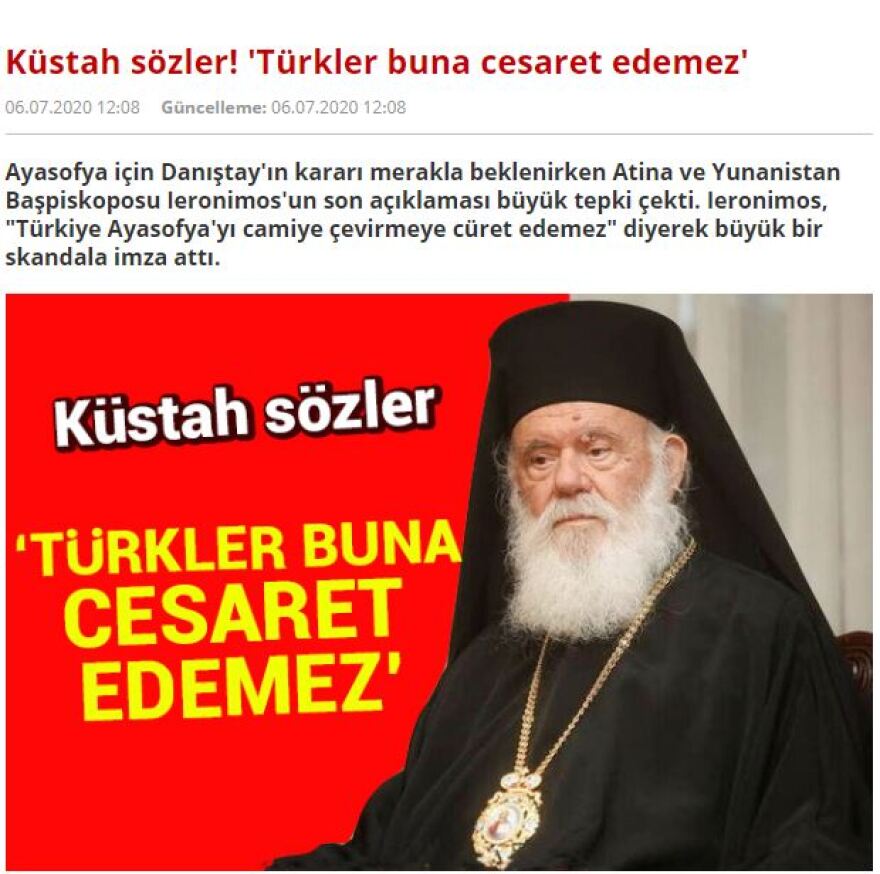 Τουρκικά ΜΜΕ για αρχιεπίσκοπο Ιερώνυμο: Ξεπέρασε τα όρια με τη θρασεία του δήλωση