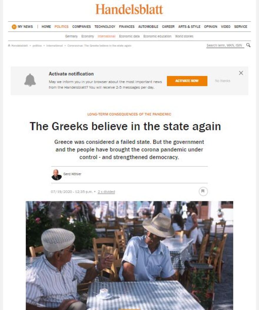 Ύμνοι της Handelsblatt για την κυβέρνηση Μητσοτάκη: «Οι Έλληνες πιστεύουν και πάλι στο κράτος»