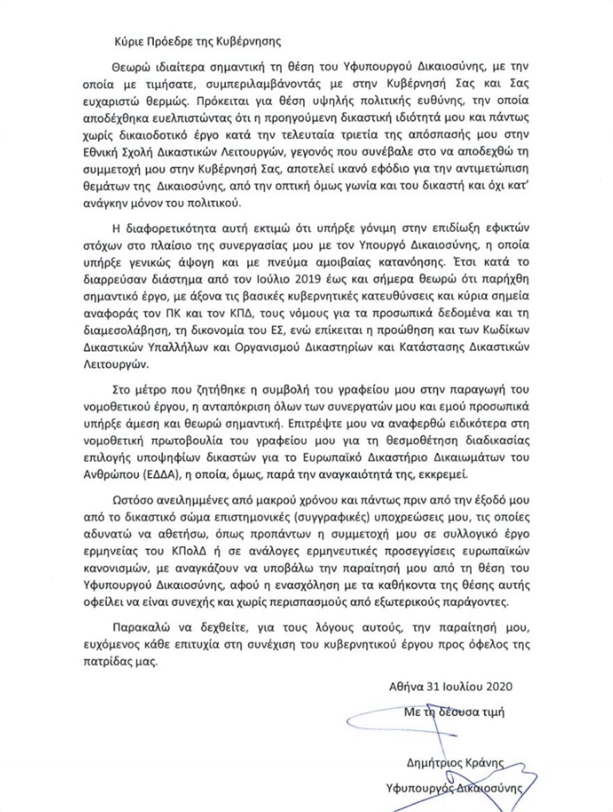 Παραιτήθηκε ο υφυπουργός Δικαιοσύνης, Δημήτρης Κράνης