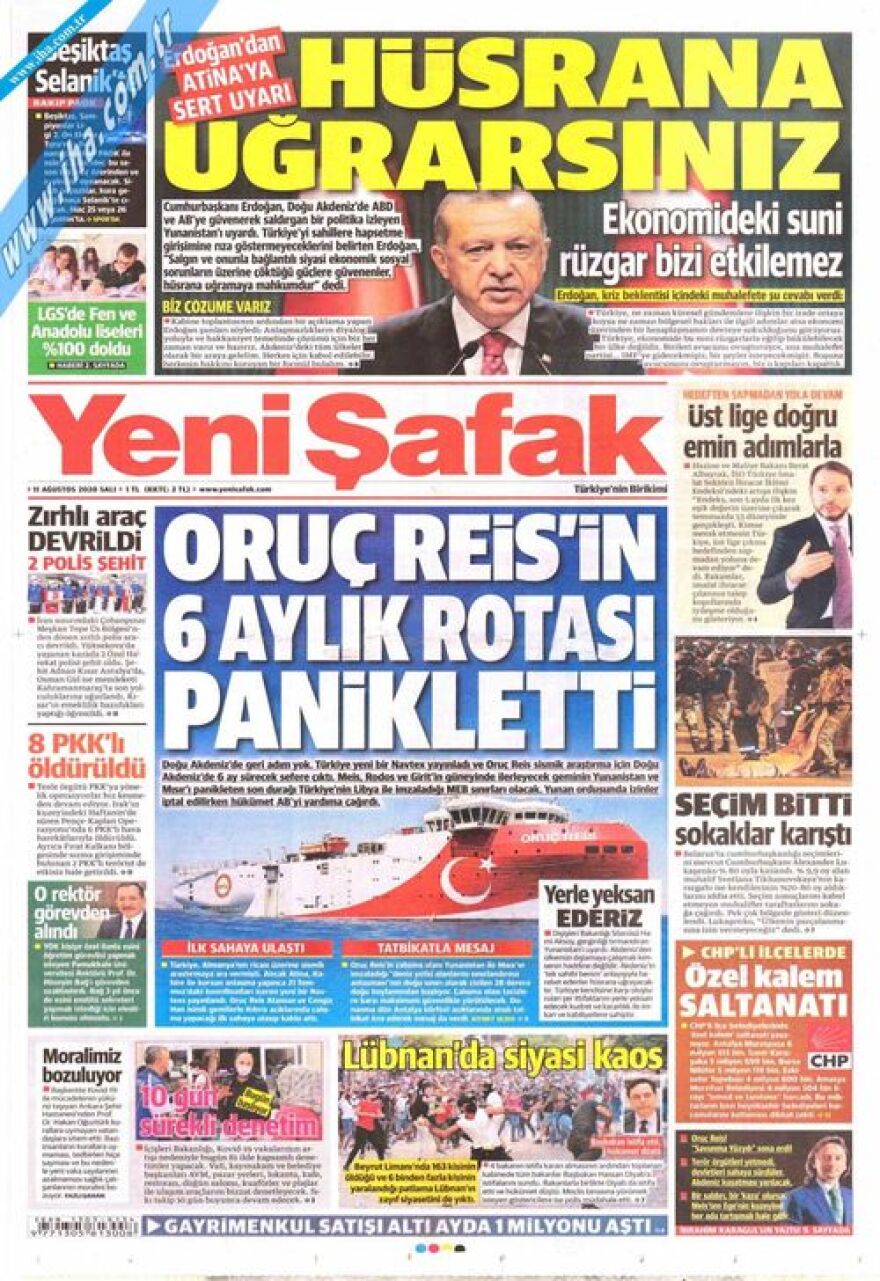 Ελληνοτουρκικά: Δείτε τα σημερινά πρωτοσέλιδα του τουρκικού Τύπου - Τι γράφουν για το Oruc Reis