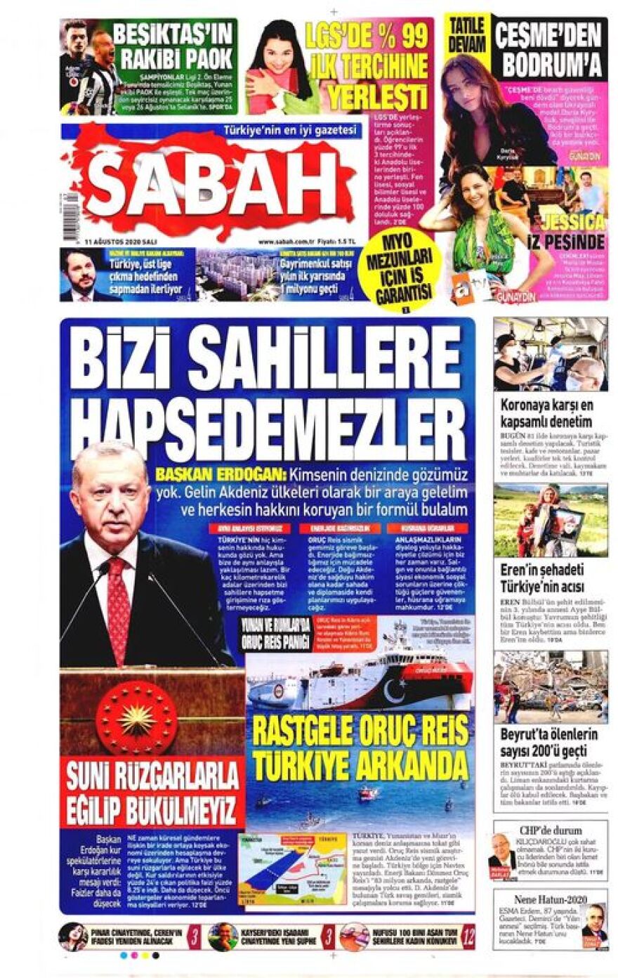 Ελληνοτουρκικά: Δείτε τα σημερινά πρωτοσέλιδα του τουρκικού Τύπου - Τι γράφουν για το Oruc Reis