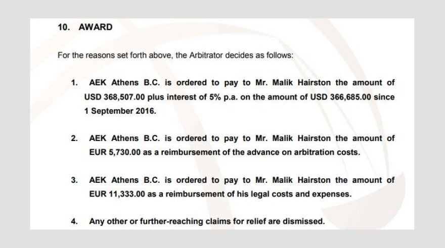 «Καμπάνα» σε ΑΕΚ για οφειλές στον Χέρστον