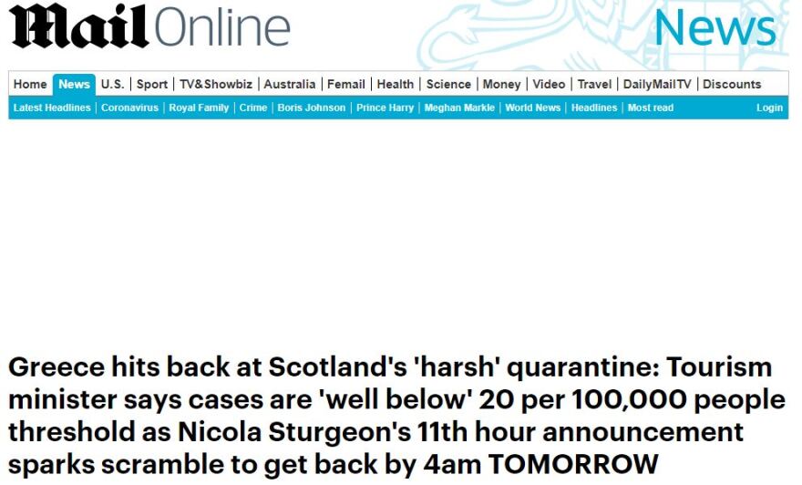 Daily Mail: Οργή στην Ελλάδα για την απόφαση Σκωτίας και Oυαλίας να επιβάλουν καραντίνα στους τουρίστες
