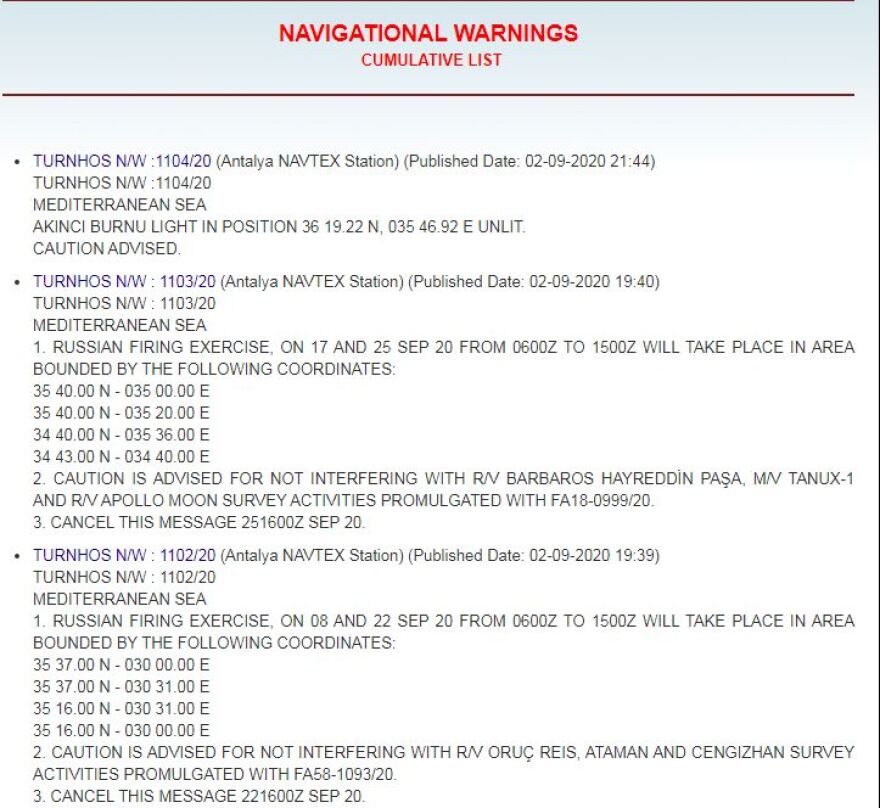 Νέες τουρκικές NAVTEX για ρωσικές ασκήσεις με πραγματικά πυρά στην Ανατολική Μεσόγειο