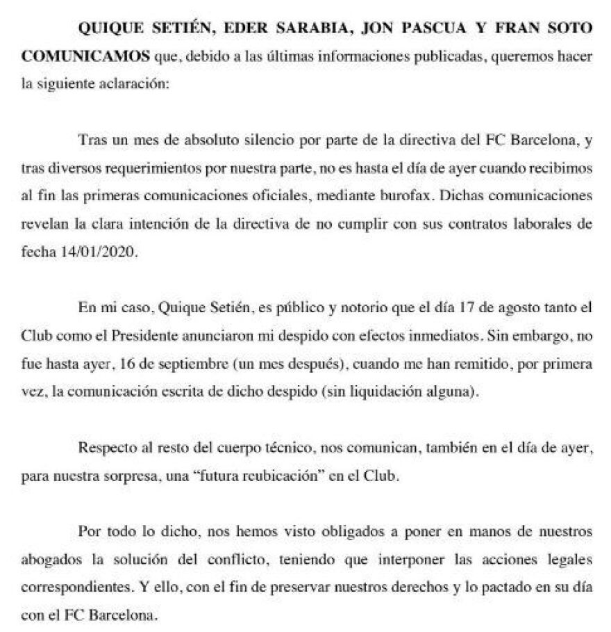 Ο Κίκε Σετιέν κινείται νομικά κατά της Μπαρτσελόνα για την απόλυσή του