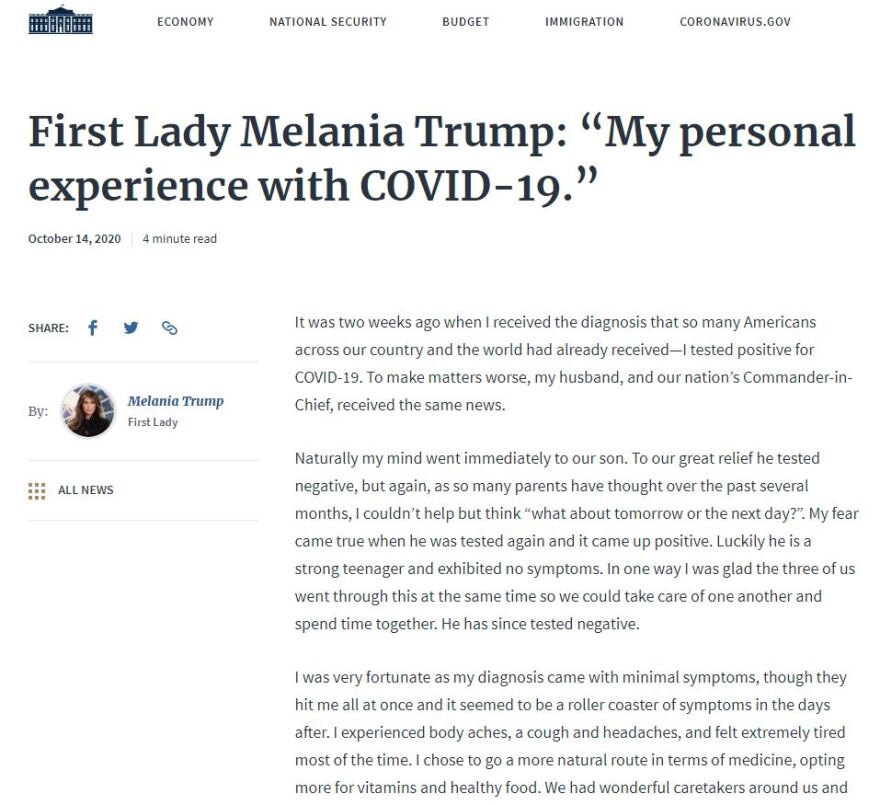 Μελάνια Τραμπ: Έτσι πέρασα τον κορωνοϊό - Τον πάλεψα με βιταμίνες