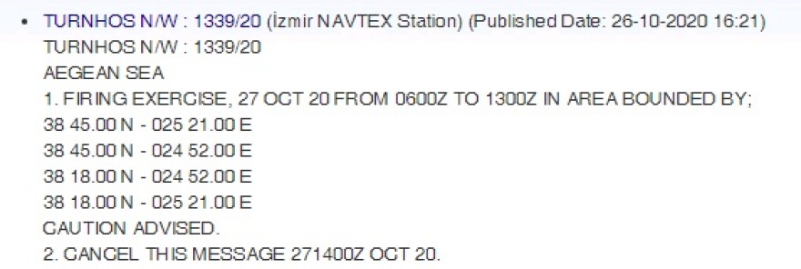 Η Τουρκία ακύρωσε τις NAVTEX για ασκήσεις την 28η Οκτωβρίου